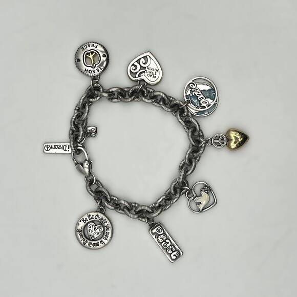 Brighton World Peace Charm Bracelet 2007 Y2K Silver Tone Dream Be Kind Unique - Picture 3 of 3